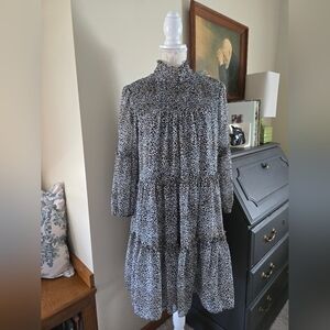 Just...Taylor Black and White Long Sleeve Smocked Tiered Dress